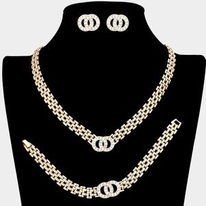 3PC SET BEAUTIFUL GOLD STONE EMBELLISHED DOUBLE CIRCLE OPEN LINK NECKLACE SET